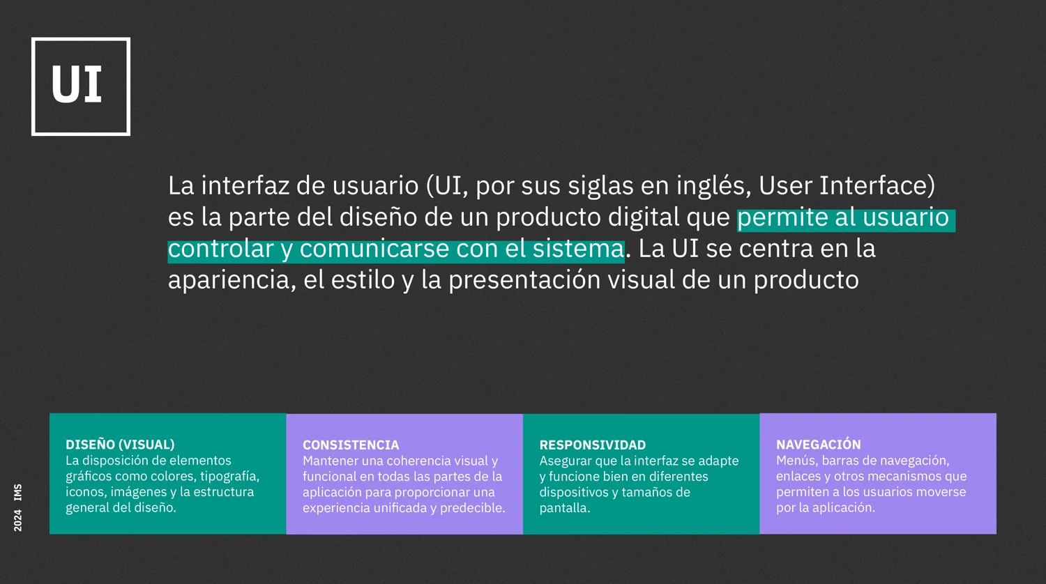 Lámina del curso: qué es la interfaz de usuario, con sus cuatro
              componentes — diseño visual, consistencia, responsividad y navegación